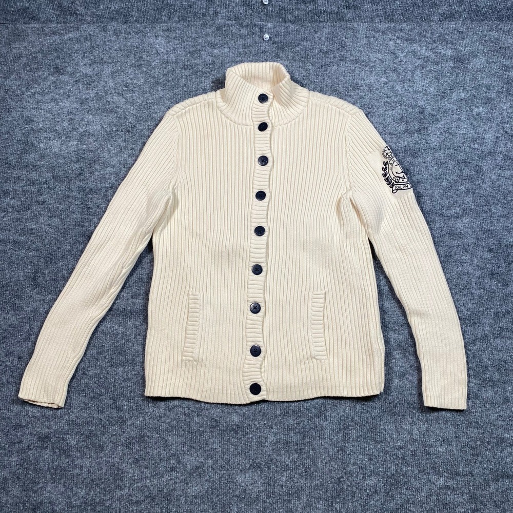 Lauren Ralph Lauren Cream Ribbed Cotton Cardigan Nautical Crest Patch XL